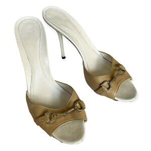 Gucci Women's Tan Leather Open Toe High Heel Slide Horsebit Sandals Sz 39 US 8.5